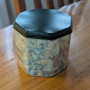 Vintage Octagonal Christmas Tin - Victorian Santa & Children - Holiday Decor